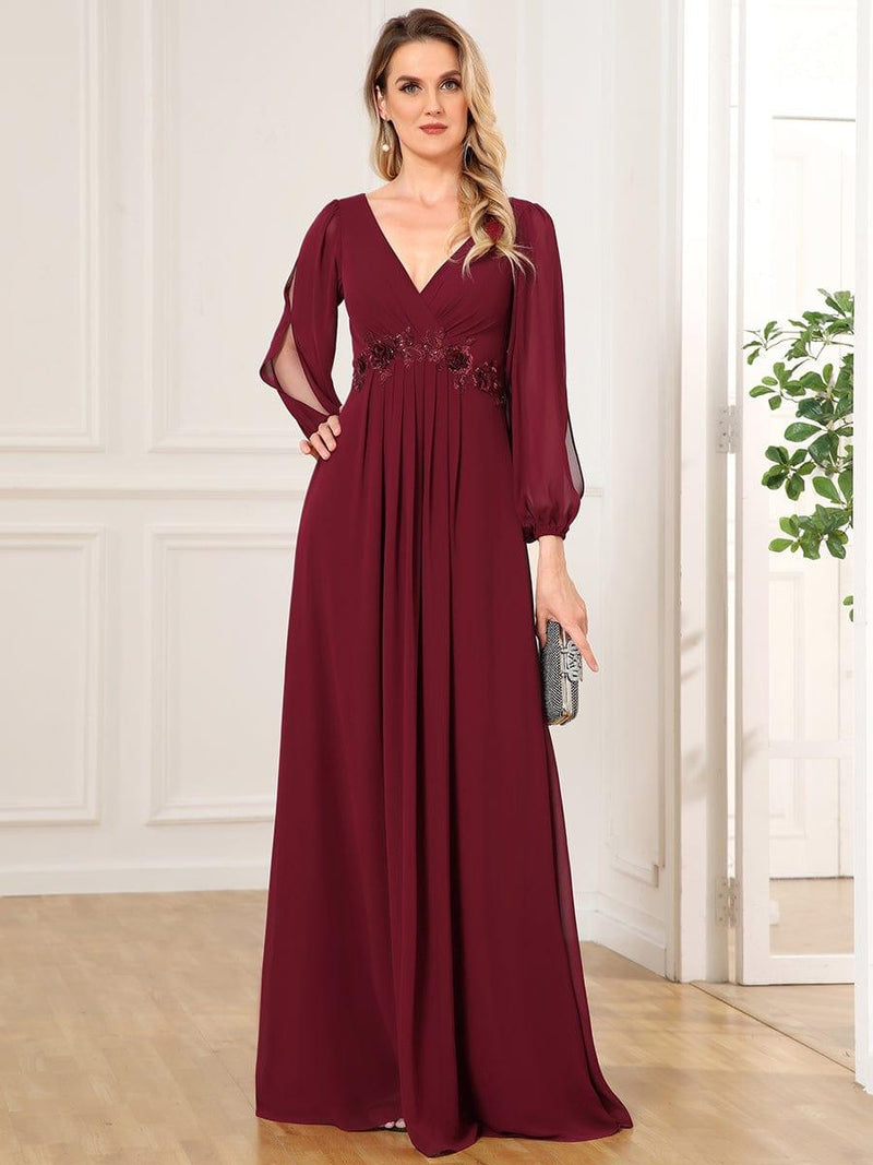 ever AMOUR|Elegant Chiffon V-Neckline Long Sleeve Formal Evening Dress