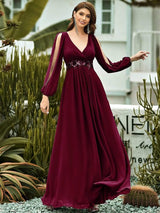 ever AMOUR|Elegant Chiffon V-Neckline Long Sleeve Formal Evening Dress