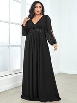 ever AMOUR|Elegant Chiffon V-Neckline Long Sleeve Formal Evening Dress