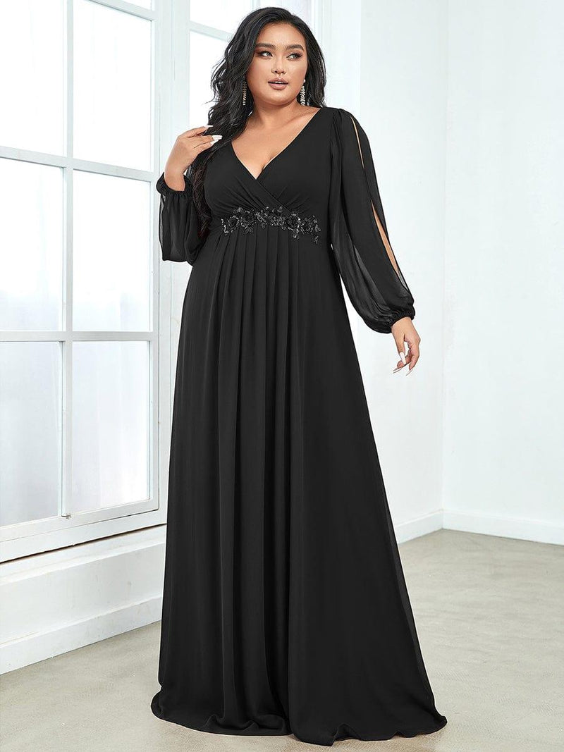 ever AMOUR|Elegant Chiffon V-Neckline Long Sleeve Formal Evening Dress