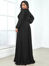 ever AMOUR|Elegant Chiffon V-Neckline Long Sleeve Formal Evening Dress