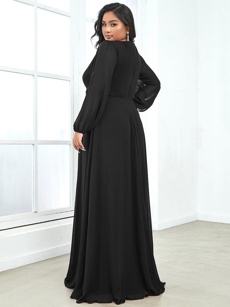 ever AMOUR|Elegant Chiffon V-Neckline Long Sleeve Formal Evening Dress