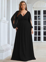 ever AMOUR|Elegant Chiffon V-Neckline Long Sleeve Formal Evening Dress