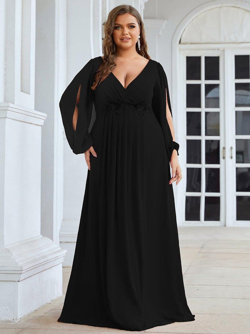 ever AMOUR|Elegant Chiffon V-Neckline Long Sleeve Formal Evening Dress