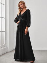 ever AMOUR|Elegant Chiffon V-Neckline Long Sleeve Formal Evening Dress