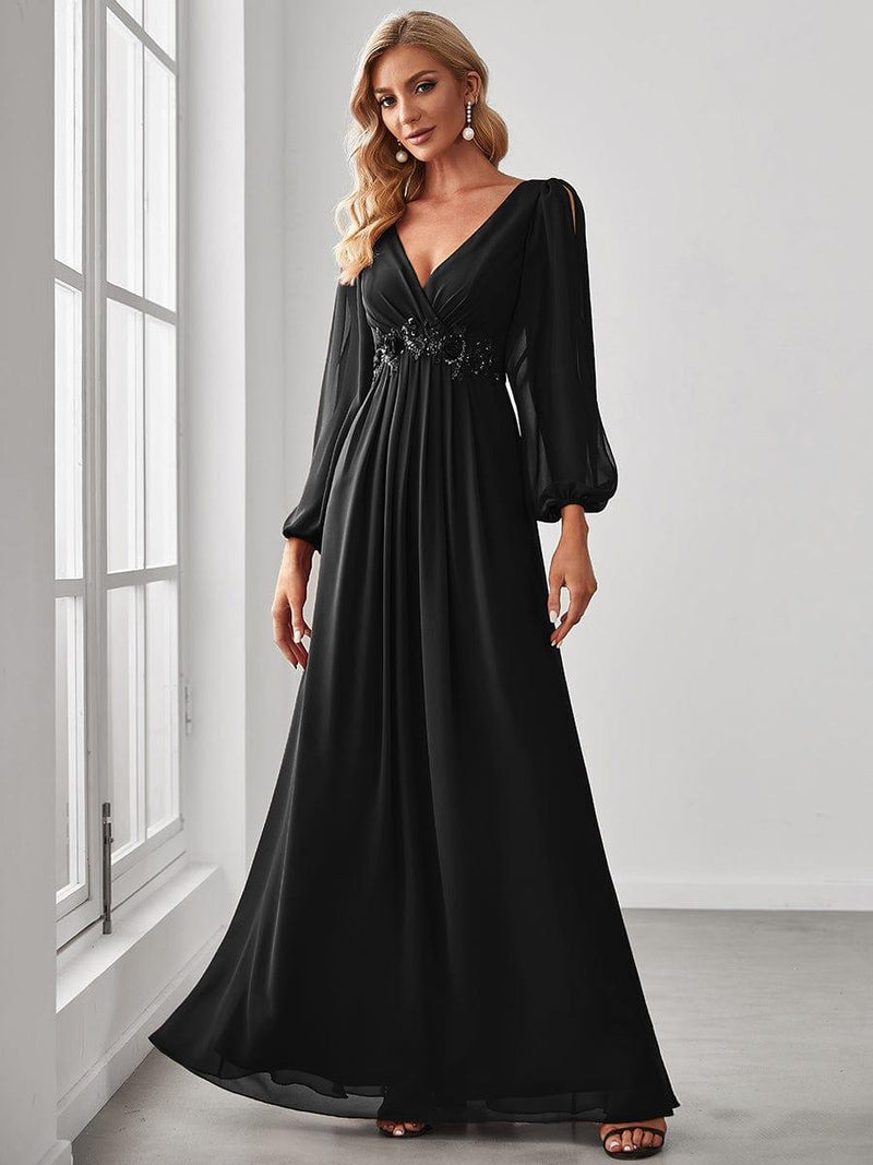 ever AMOUR|Elegant Chiffon V-Neckline Long Sleeve Formal Evening Dress