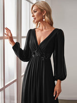 ever AMOUR|Elegant Chiffon V-Neckline Long Sleeve Formal Evening Dress