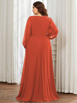 ever AMOUR|Elegant Chiffon V-Neckline Long Sleeve Formal Evening Dress