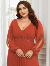 ever AMOUR|Elegant Chiffon V-Neckline Long Sleeve Formal Evening Dress