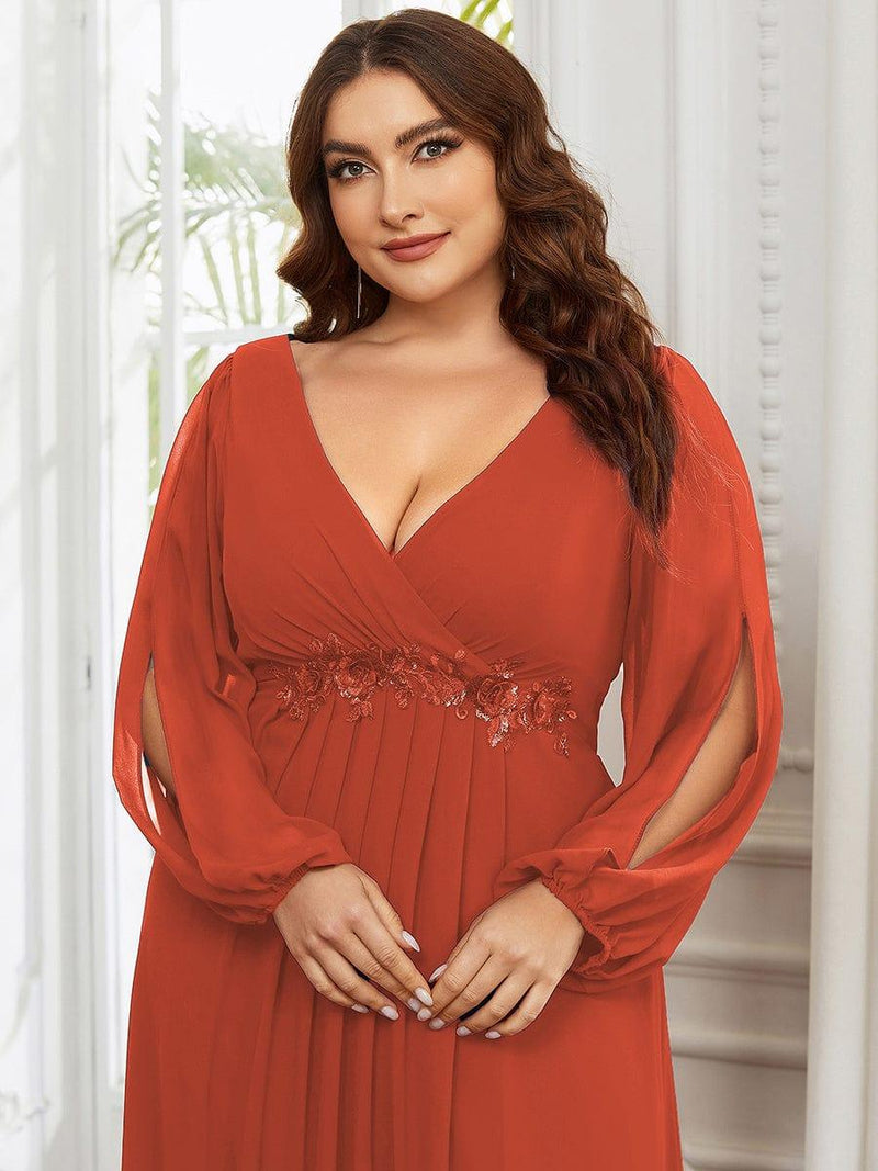 ever AMOUR|Elegant Chiffon V-Neckline Long Sleeve Formal Evening Dress