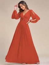 ever AMOUR|Elegant Chiffon V-Neckline Long Sleeve Formal Evening Dress