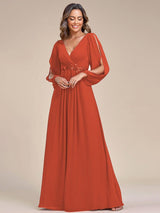 ever AMOUR|Elegant Chiffon V-Neckline Long Sleeve Formal Evening Dress