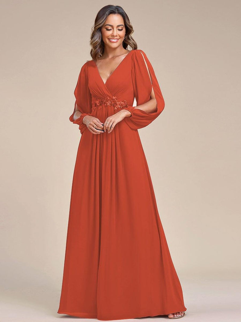 ever AMOUR|Elegant Chiffon V-Neckline Long Sleeve Formal Evening Dress