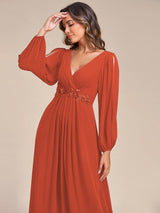 ever AMOUR|Elegant Chiffon V-Neckline Long Sleeve Formal Evening Dress