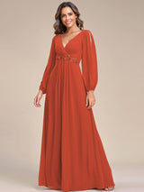 ever AMOUR|Elegant Chiffon V-Neckline Long Sleeve Formal Evening Dress