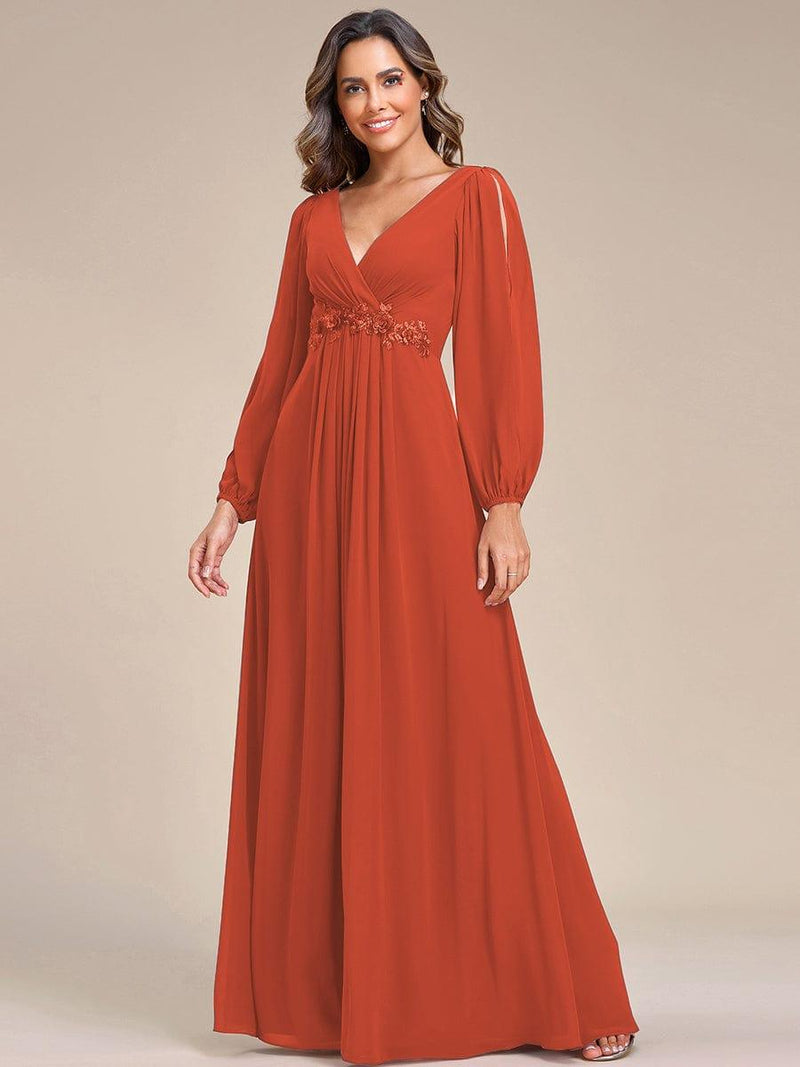 ever AMOUR|Elegant Chiffon V-Neckline Long Sleeve Formal Evening Dress