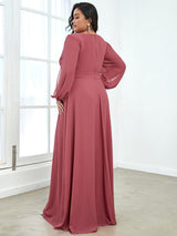 ever AMOUR|Elegant Chiffon V-Neckline Long Sleeve Formal Evening Dress
