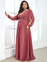 ever AMOUR|Elegant Chiffon V-Neckline Long Sleeve Formal Evening Dress