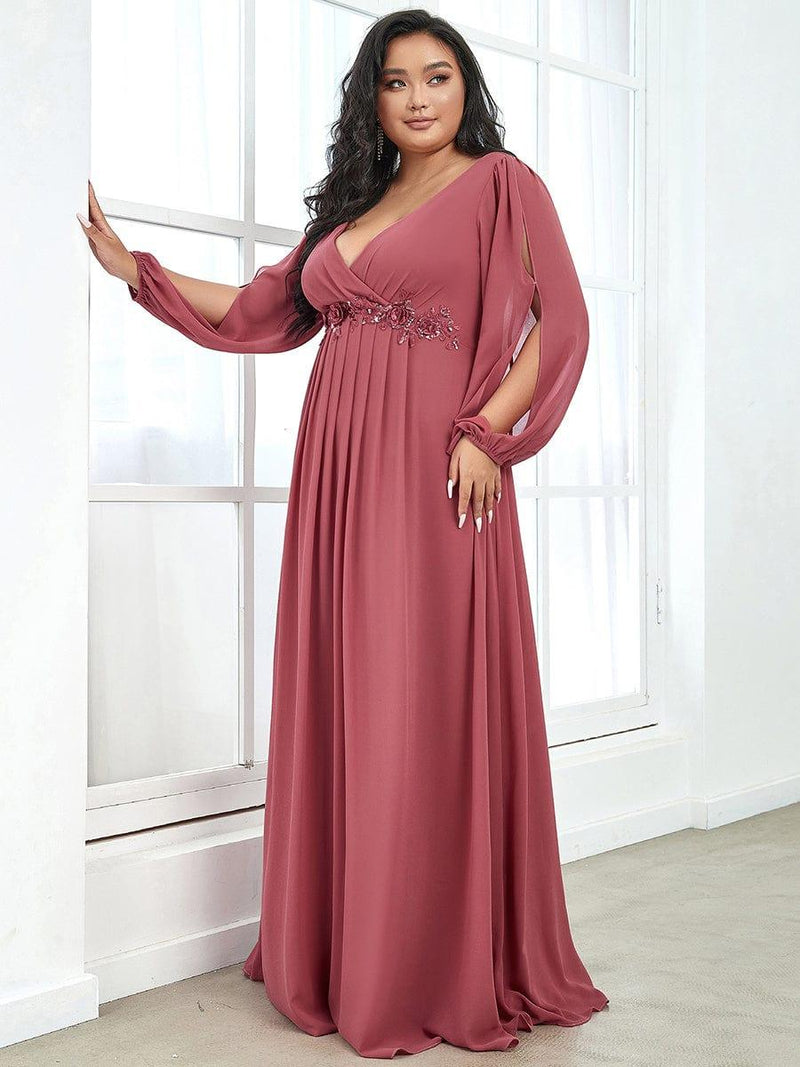 ever AMOUR|Elegant Chiffon V-Neckline Long Sleeve Formal Evening Dress