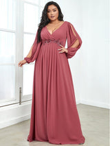 ever AMOUR|Elegant Chiffon V-Neckline Long Sleeve Formal Evening Dress