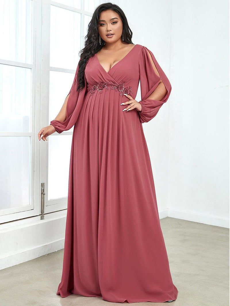 ever AMOUR|Elegant Chiffon V-Neckline Long Sleeve Formal Evening Dress