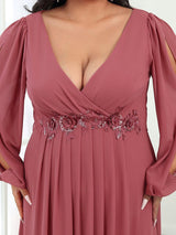 ever AMOUR|Elegant Chiffon V-Neckline Long Sleeve Formal Evening Dress