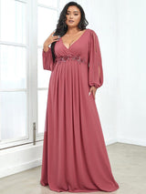 ever AMOUR|Elegant Chiffon V-Neckline Long Sleeve Formal Evening Dress
