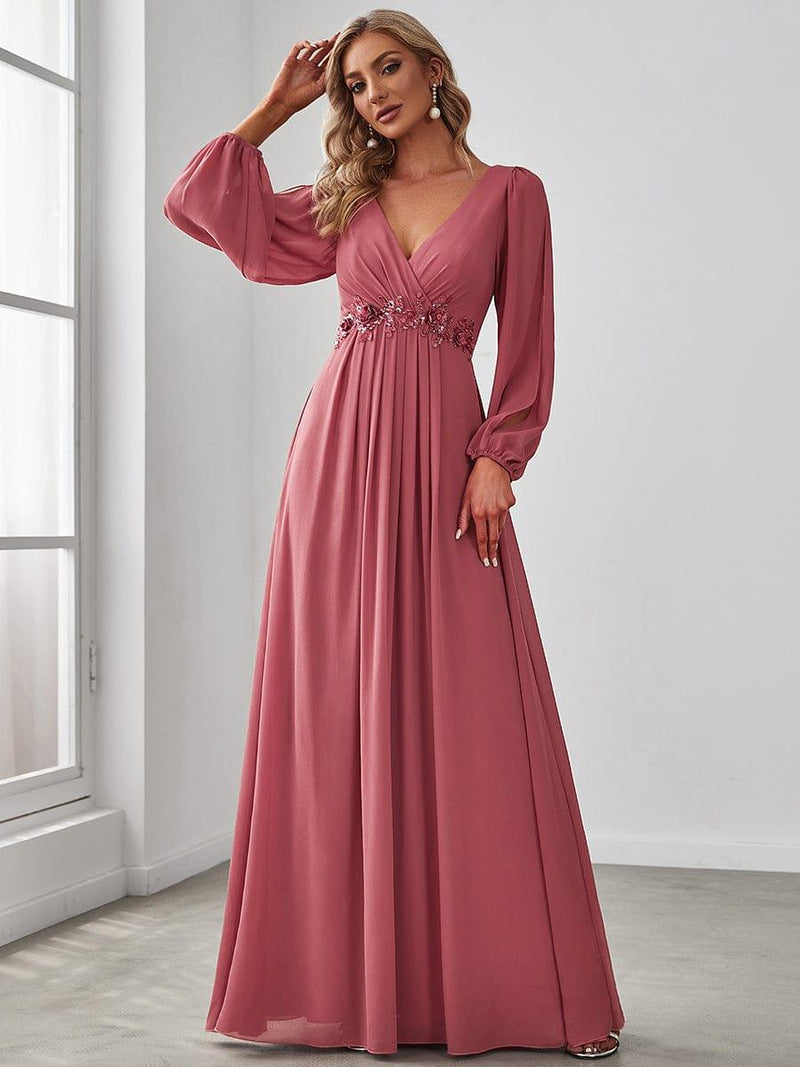 ever AMOUR|Elegant Chiffon V-Neckline Long Sleeve Formal Evening Dress