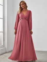 ever AMOUR|Elegant Chiffon V-Neckline Long Sleeve Formal Evening Dress