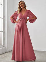 ever AMOUR|Elegant Chiffon V-Neckline Long Sleeve Formal Evening Dress