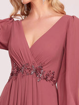 ever AMOUR|Elegant Chiffon V-Neckline Long Sleeve Formal Evening Dress