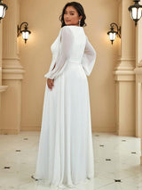 pretty AMOUR|Stylish Plus Size Chiffon Formal Evening Dresses with Long Lantern Sleeves