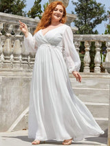 ever AMOUR|Elegant Chiffon V-Neckline Long Sleeve Formal Evening Dress