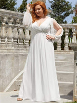 ever AMOUR|Elegant Chiffon V-Neckline Long Sleeve Formal Evening Dress