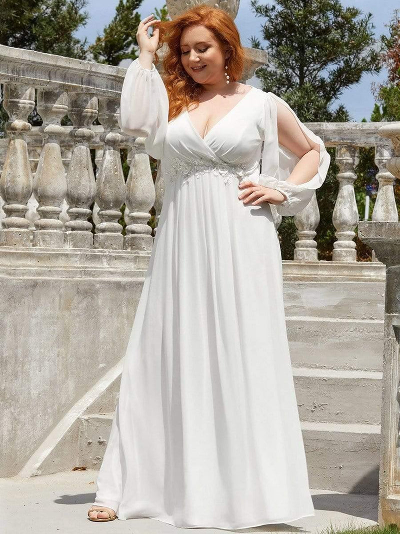ever AMOUR|Elegant Chiffon V-Neckline Long Sleeve Formal Evening Dress