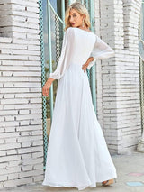 ever AMOUR|Elegant Chiffon V-Neckline Long Sleeve Formal Evening Dress
