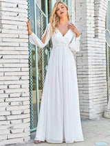 ever AMOUR|Elegant Chiffon V-Neckline Long Sleeve Formal Evening Dress
