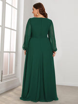 ever AMOUR|Elegant Chiffon V-Neckline Long Sleeve Formal Evening Dress