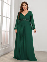 ever AMOUR|Elegant Chiffon V-Neckline Long Sleeve Formal Evening Dress
