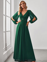 ever AMOUR|Elegant Chiffon V-Neckline Long Sleeve Formal Evening Dress