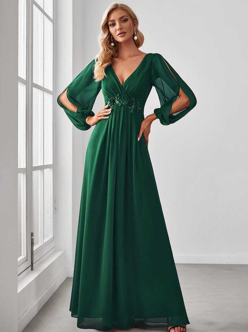 ever AMOUR|Elegant Chiffon V-Neckline Long Sleeve Formal Evening Dress