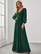 ever AMOUR|Elegant Chiffon V-Neckline Long Sleeve Formal Evening Dress