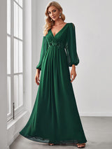 ever AMOUR|Elegant Chiffon V-Neckline Long Sleeve Formal Evening Dress