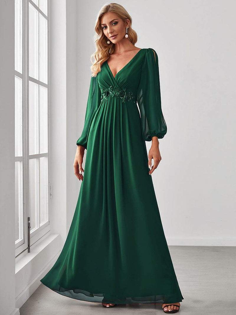 ever AMOUR|Elegant Chiffon V-Neckline Long Sleeve Formal Evening Dress