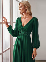 ever AMOUR|Elegant Chiffon V-Neckline Long Sleeve Formal Evening Dress