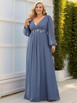 pretty AMOUR|Stylish Plus Size Chiffon Formal Evening Dresses with Long Lantern Sleeves