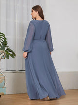 ever AMOUR|Elegant Chiffon V-Neckline Long Sleeve Formal Evening Dress