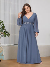 ever AMOUR|Elegant Chiffon V-Neckline Long Sleeve Formal Evening Dress