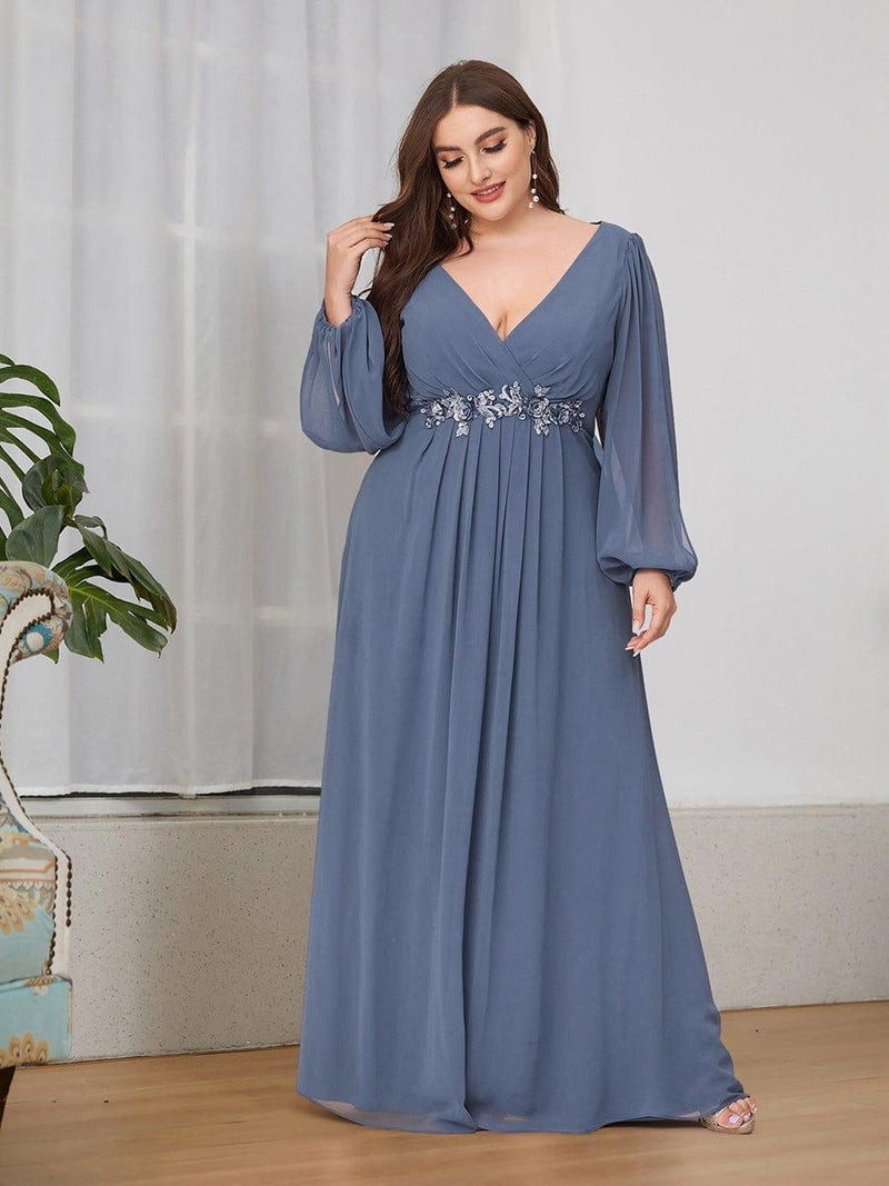 ever AMOUR|Elegant Chiffon V-Neckline Long Sleeve Formal Evening Dress