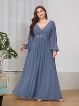 pretty AMOUR|Stylish Plus Size Chiffon Formal Evening Dresses with Long Lantern Sleeves